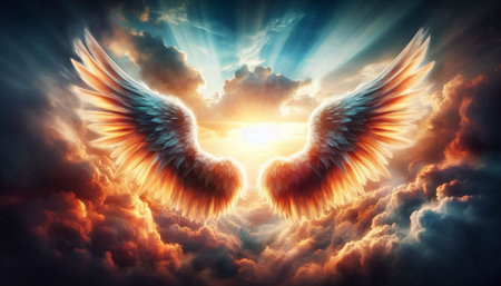 Angel wings in the sky. 3D illustration. Copy space.