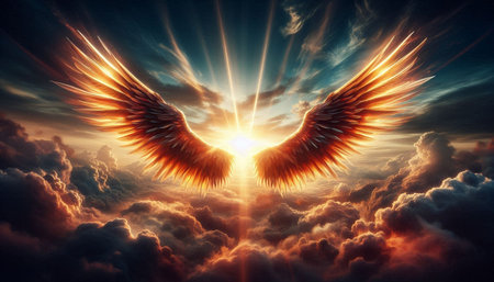 Angel wings in the sky with rays of light. 3d render