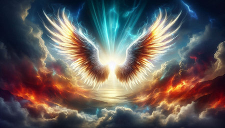 Angel wings in the sky, 3d rendering. Computer digital drawing.