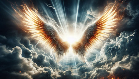 Angel wings with rays of light in the sky. 3D rendering