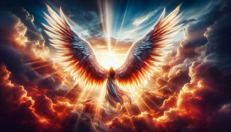 Angel wings on a background of a beautiful sunset. 3d rendering