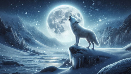 Polar wolf in winter landscape with full moon. 3D rendering