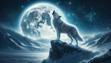 White wolf on the edge of a cliff in the moonlight.