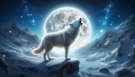 Polar wolf in winter landscape with full moon. 3D rendering
