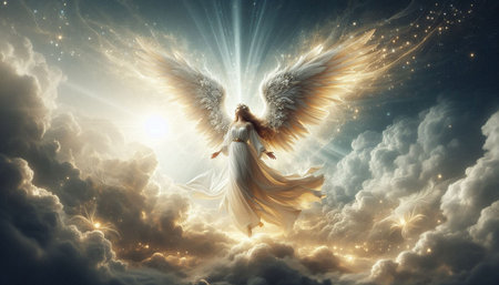 Angel with white wings and rays of light coming out of the clouds