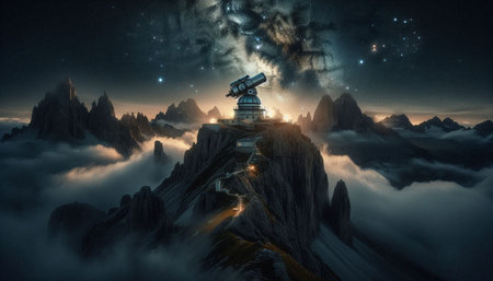 Astronomical observatory on the top of the mountain. 3D rendering