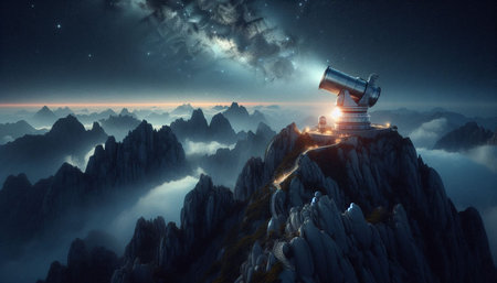 Astronomical telescope on the peak of mountain. 3d rendering