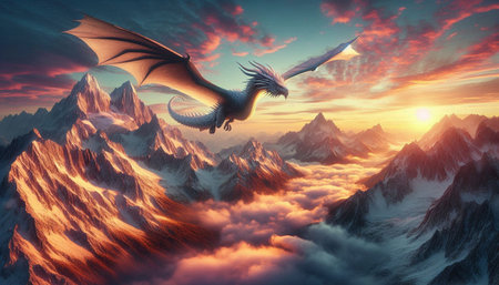 Fantasy alien planet. Flying dragon over the clouds. 3D illustration