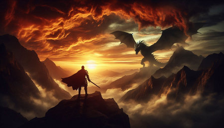 Fantasy landscape with a dragon and a knight in the mountains.