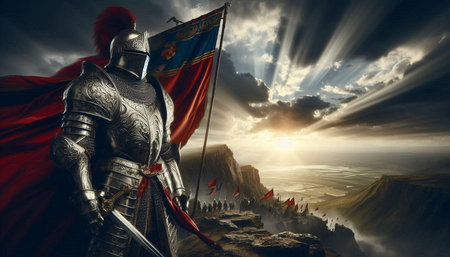 Knight in the mountains with the flag of Spain. 3D render