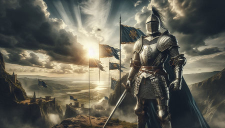 Medieval knight on the background of the ancient city. 3d render