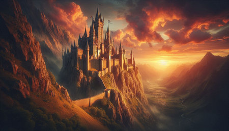 Fantasy landscape with fantasy castle and road. 3D illustration.