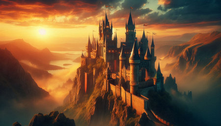 Fantasy landscape with fantasy castle at sunset. 3d render illustration