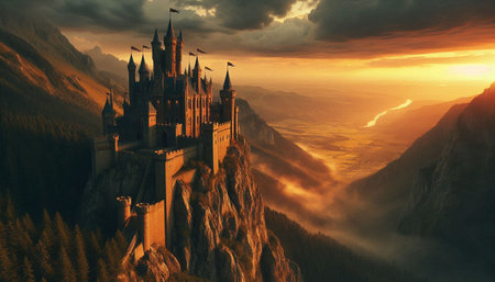 Fantasy landscape with castle in the mountains at sunset. 3d render
