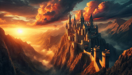 Fantasy landscape with fantasy castle in the clouds. 3D illustration