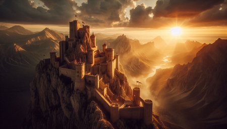 Castle in the mountains at sunset. Fantasy landscape. 3d rendering