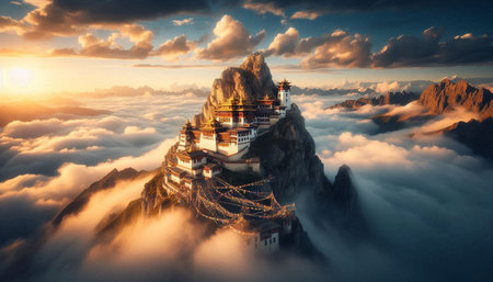 Buddhist temple in the clouds at sunset. 3D render