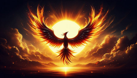 3D rendering of an eagle flying in the sky against a sunset backgroundの写真素材