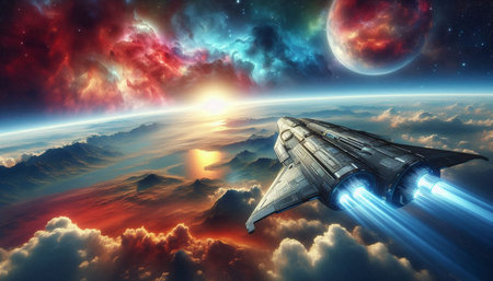 Spaceship in space against the backdrop of the planet. 3D rendering