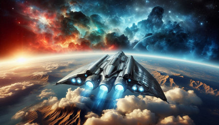 Futuristic spaceship flying over the planet. 3D rendering.