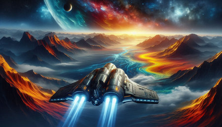 Spaceship in space. Fantasy landscape. 3D rendering.