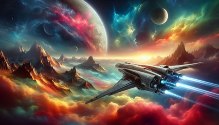 Futuristic spaceship flying in space against the background of the planet.