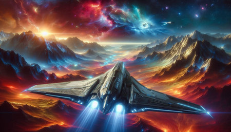 Fighter in space. 3D illustration of fighter jet in space.