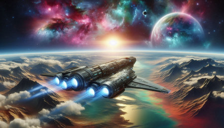 Space ship against the background of the planet. Elements of this image furnished by NASA
