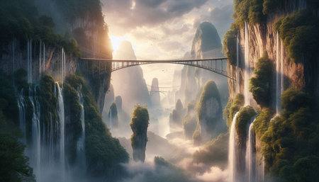 Panoramic view of the waterfall and the bridge at sunset.