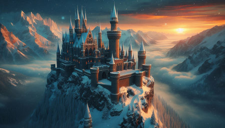 Fantasy landscape with fantasy castles in the mountains. 3d illustration
