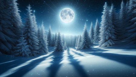 Fantasy winter landscape with snow covered trees and moon. 3d illustrationの写真素材