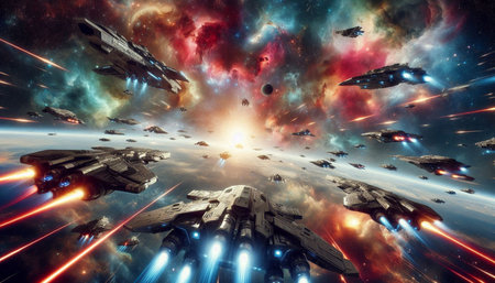 Futuristic spaceship flying in deep space. Science fiction art.