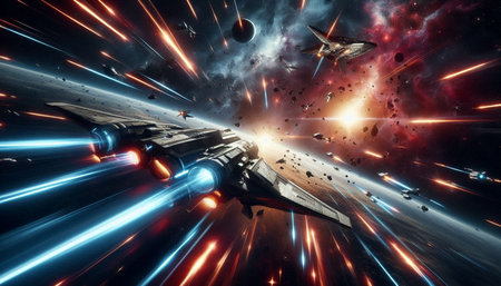 Futuristic spaceship flying in space. Science fiction wallpaper. 3D rendering