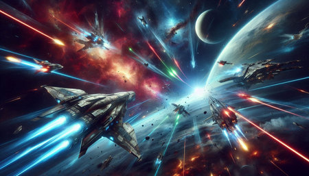 Futuristic spaceship and planets in deep space. 3D rendering