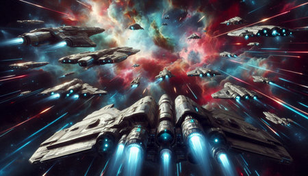Futuristic spaceship flying in space against the background of the universe