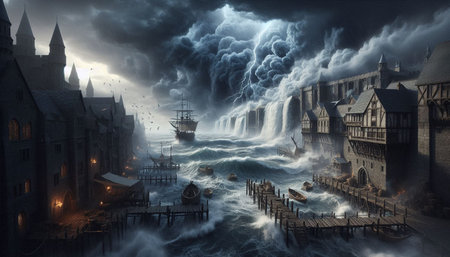 Fantasy landscape with stormy sea and old town. 3D rendering