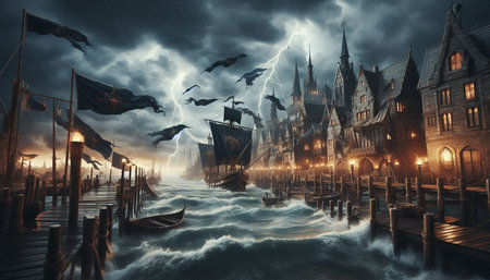 Scary Halloween background with haunted castle and wooden pier. 3D rendering
