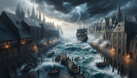Fantasy landscape with old ships in water. 3D illustration.