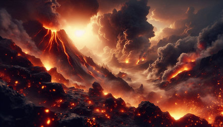 Volcanic eruption. 3D illustration. Fantasy planet landscape.