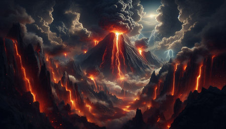Volcanic eruption in the mountains. 3D illustration. Fantasy.