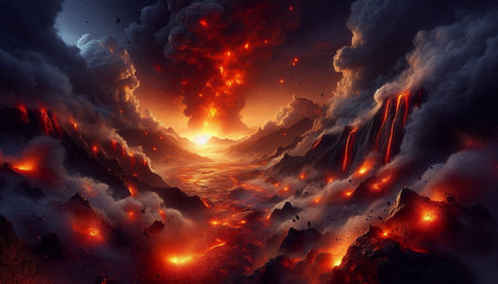Fantasy landscape with fire and smoke. 3D illustration. Fantasy background.