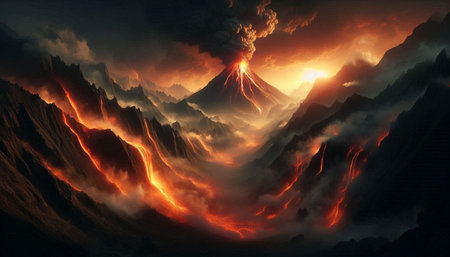 Fantasy alien planet. Mountain and volcano. 3D illustration.