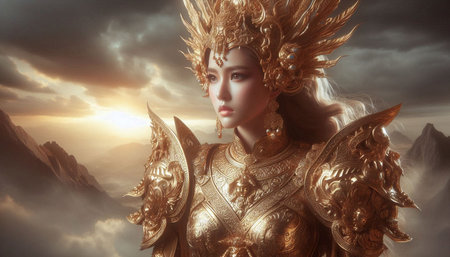 3D rendering of a fantasy warrior woman with golden armor and golden crown