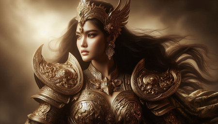 Beautiful asian woman in golden armor with long black hair.