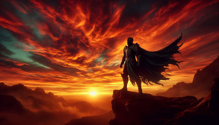 Fantasy landscape with a warrior in the sky. 3d render