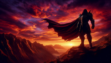 fantasy landscape with the silhouette of a warrior against the backdrop of the mountains