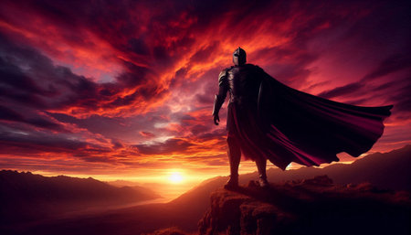 Superhero standing on the edge of a cliff with beautiful sunset in the background