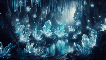 Ice cave with stalactites and stars. Fantasy fractal texture. 3D renderingの写真素材