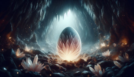 3D illustration of an egg in a cave full of flowers.