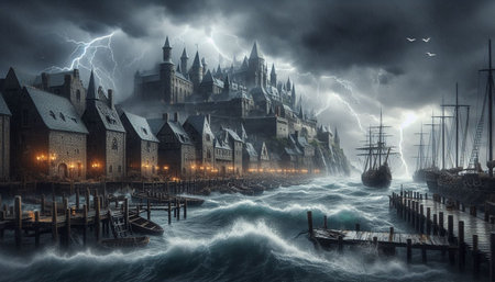 Fantasy medieval castle in the middle of a stormy sea.